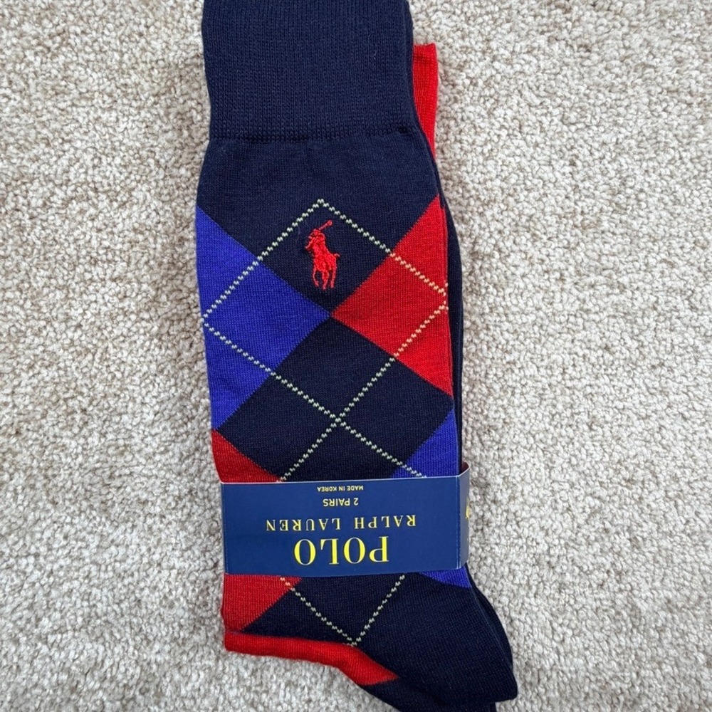 Polo Ralph Lauren Mens 2 Pack Argyle and Solid Crew Socks Navy Red 10-13